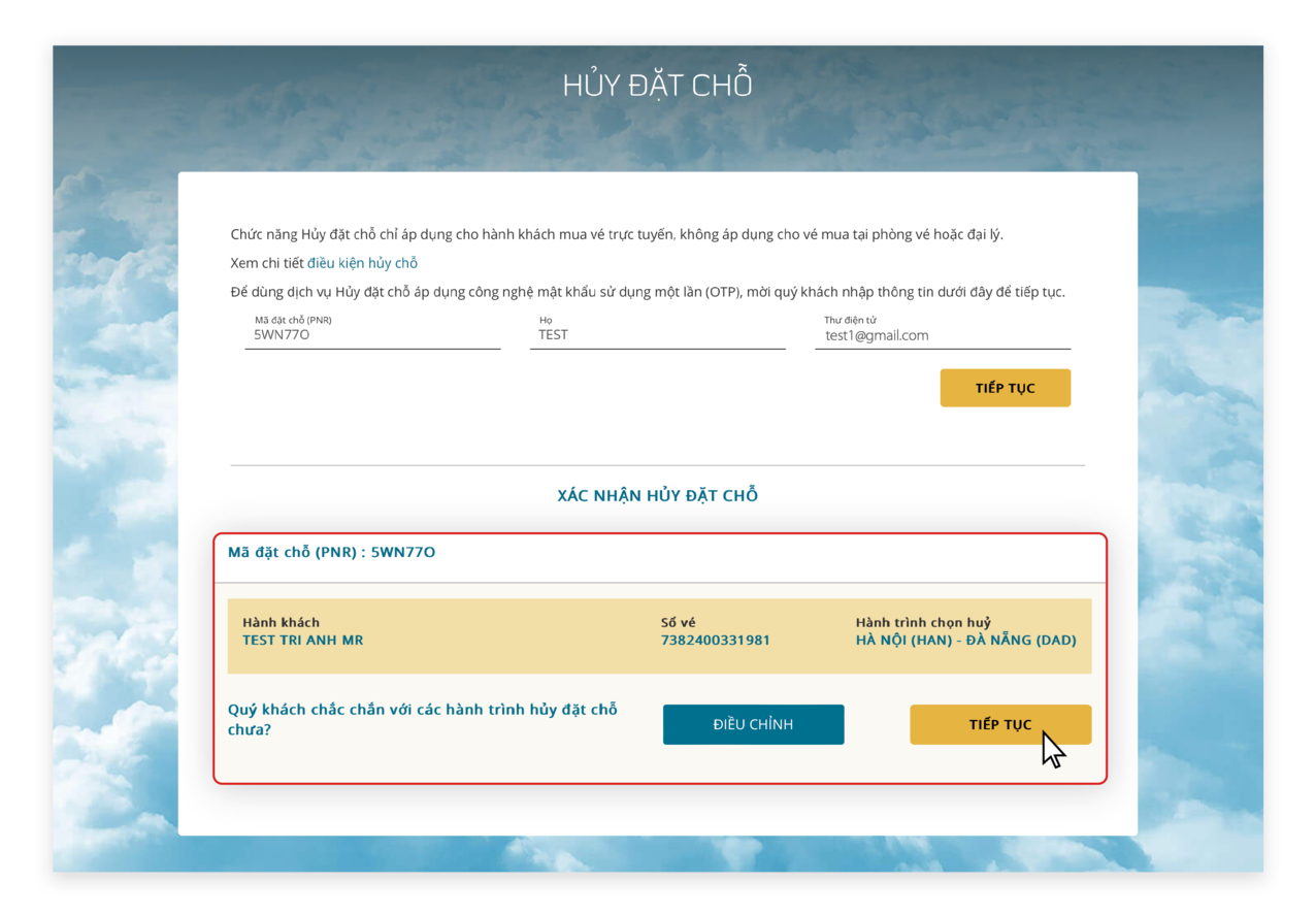 Hướng dẫn hủy đặt chỗ trên website 3.2.